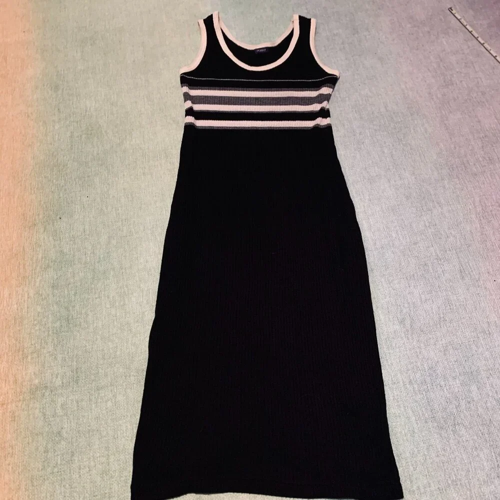 Vintage 90s Ribbed Knit Dress by Resource | Black & White Stripes | Size S - Picture 2 of 8